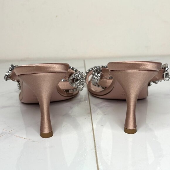 Gedebe Beige Satin LILY Crystal Embellished Chain Kitten Heel Mules Sandals 37.5 - Picture 7 of 9